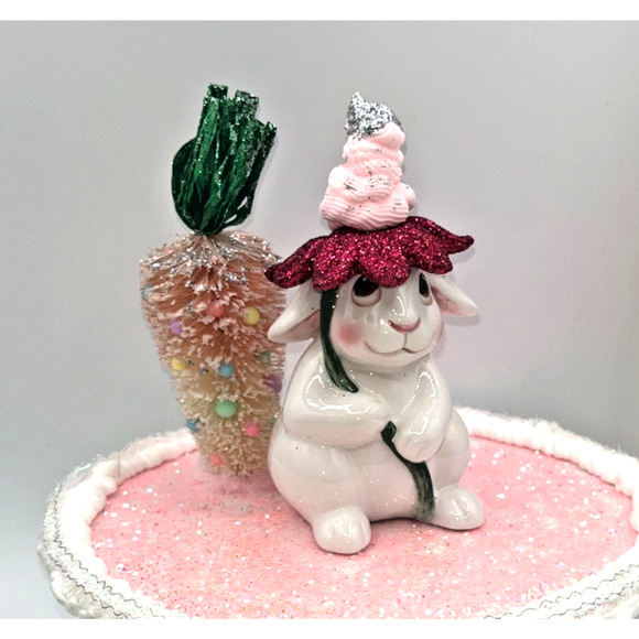 Vintage Ceramic Bunny Sitting on Cake Stand Bottle Brush Carrott Tree Flower Hat - Picture 3 of 16